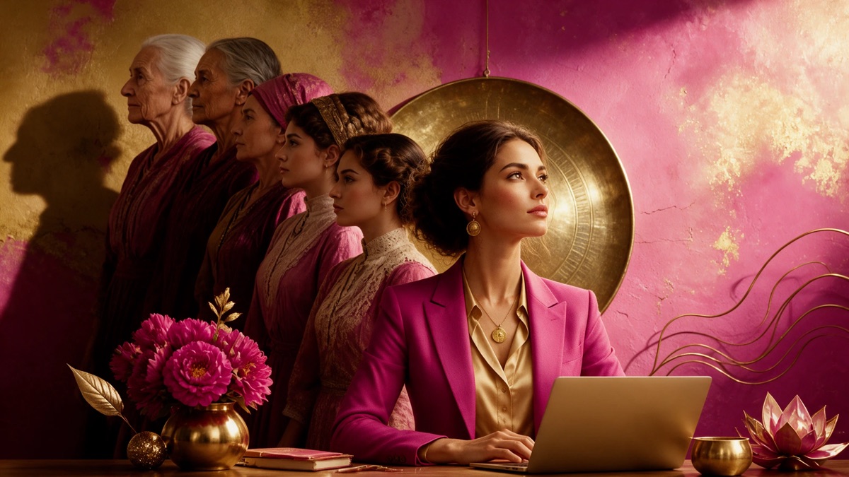 Frauen aus fünf Generationen hintereinander vor einer goldenen Scheibe