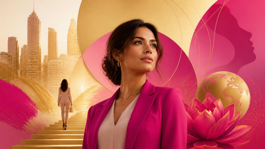 Frau im pinken Blazer vor einer goldenen Treppe, Sinnbild für den ersten Schritt